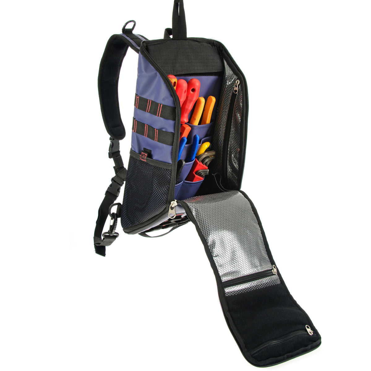 Tuff-Tool-Bags-The-Sling-Hydration-Tool-Bag-lockable-back-pack-open-with-tools